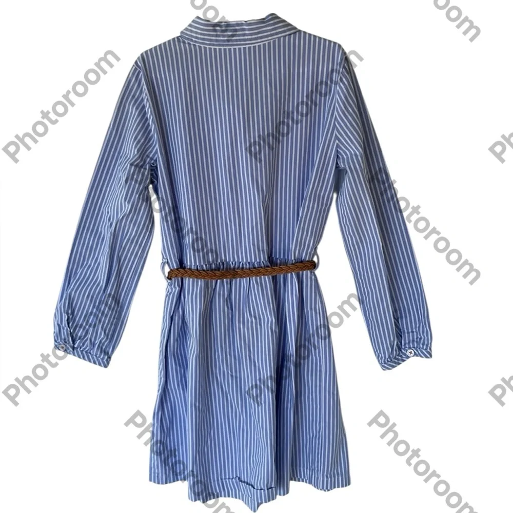 CARTERS GIRLS BLUE WHITE STRIPED LONG SLEEVE DRESS WITH BROWN BELT SIZE 7